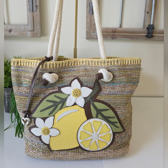 Brighton Bella Limone Soft Sea Grass Tote/Leather Applique/Signature Heart Charm - Picture 3 of 16